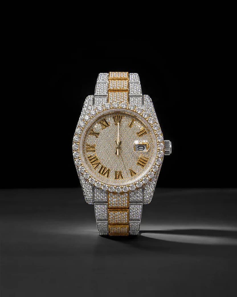 Luxury Iced-Out Two-Tone CZ Roman Numeral Watch with Date Display – Gold & Silver Finish image 1