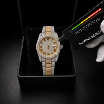 Luxury Iced-Out Two-Tone CZ Roman Numeral Watch with Date Display – Gold & Silver Finish image 2