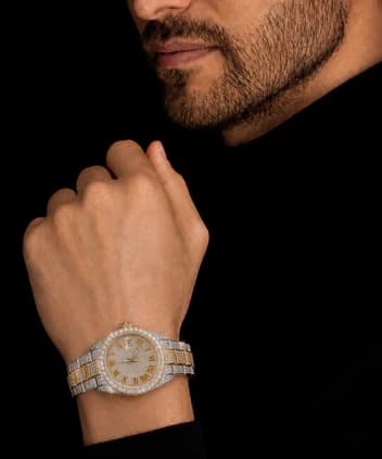 Luxury Iced-Out Two-Tone CZ Roman Numeral Watch with Date Display – Gold & Silver Finish image 3