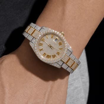 Luxury Iced-Out Two-Tone CZ Roman Numeral Watch with Date Display – Gold & Silver Finish image 4