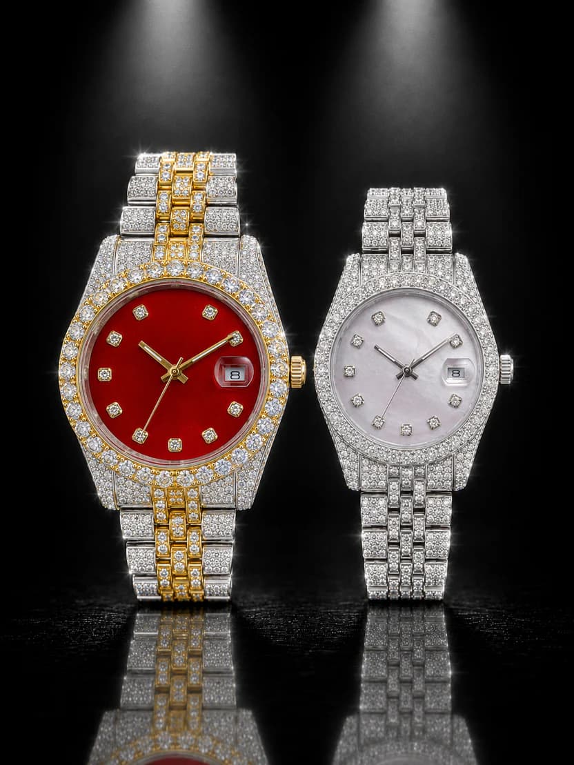 Luxury Full Moissanite His & Hers Watch Set – Fully Iced Out with Red & Mother of Pearl Dials | Date Display image 1