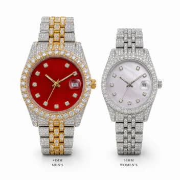 Luxury Full Moissanite His & Hers Watch Set – Fully Iced Out with Red & Mother of Pearl Dials | Date Display image 2