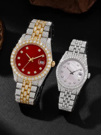 Luxury Full Moissanite His & Hers Watch Set – Fully Iced Out with Red & Mother of Pearl Dials | Date Display image 3