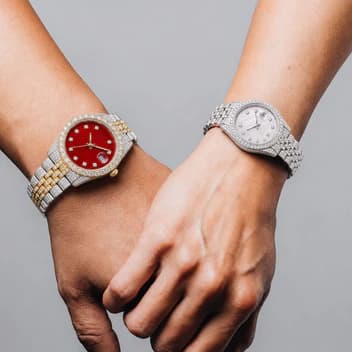 Luxury Full Moissanite His & Hers Watch Set – Fully Iced Out with Red & Mother of Pearl Dials | Date Display image 4