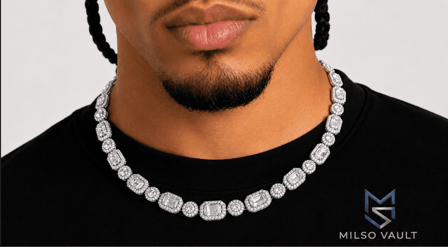 Men’s 14K Gold Halo Cluster Tennis Chain 12MM image 5